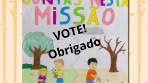 VOTE! Obrigado - Arte infantil sobre a missão escolar na AE Dr. Alberto Iria, promovendo participação e valores educacionais em brincadeiras e desenhos escolares.