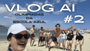 Vlog AI Olimpíadas da Escola Azul com grupo de jovens na praia, atividade escolar ao ar livre, diversão, saúde e educação ambiental, promovendo o desporto, integração e sustentabilidade escolar.