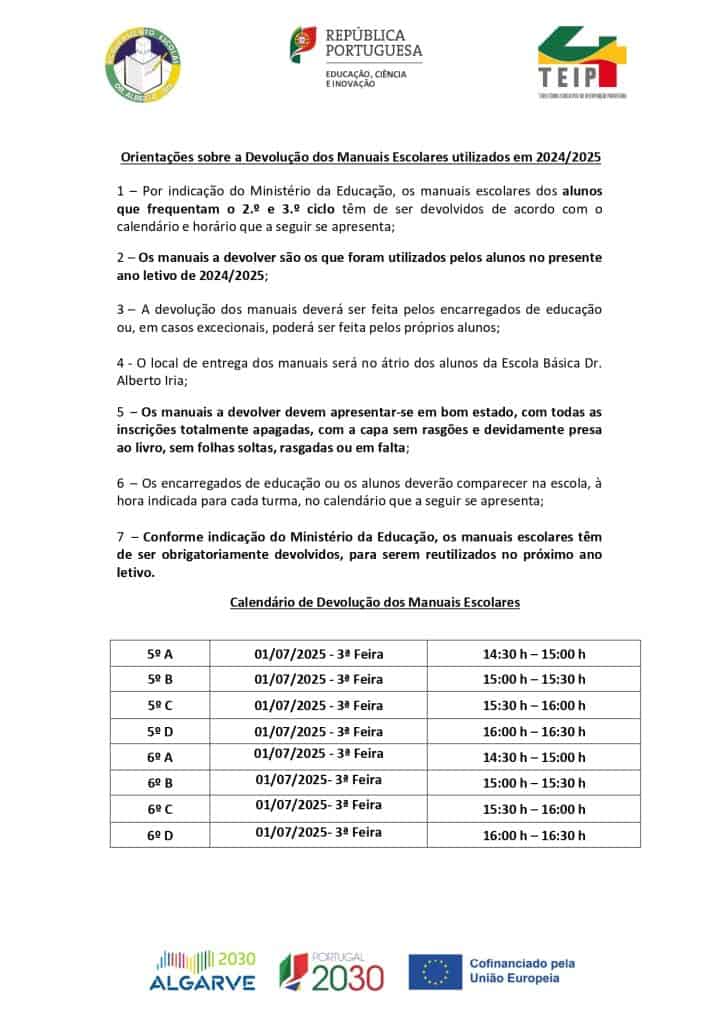 Manual escolar devolução escola básica Dr. Alberto Iria, reembolso material escolar alunos 2024/2025 Portugal.