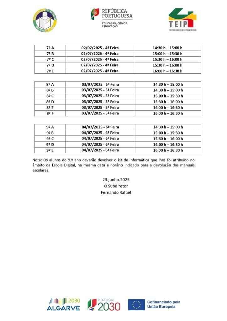 Entre os alunos do AE Dr. Alberto Iria, espera-se um ambiente de ensino focado em educação, ciência e inovação com horários organizados para diferentes turmas do 7º ao 9º ano.