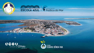 Paisagem da ilha de Olhão com foco na Escola Azul, Centro Ciência Viva e Departamento de Política do Mar, promovendo educação marítima e ciências ambientais na região costeira do Algarve.