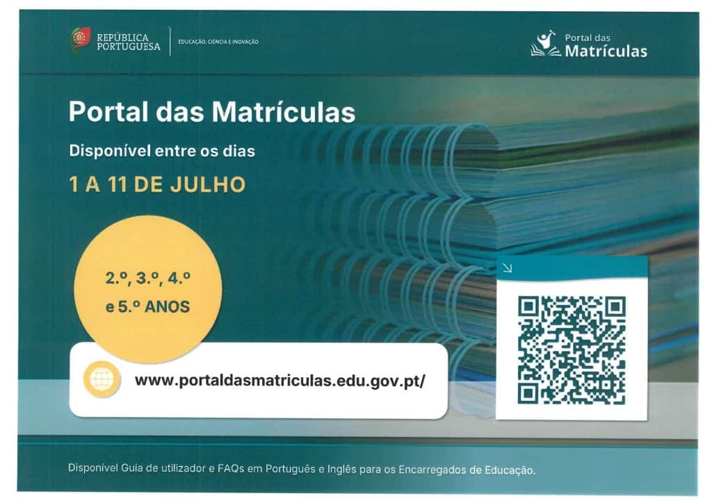 Portal das Matrículas do Agrupamento Alberto Iria, disponível de 1 a 11 de julho, para matrículas do 2.º ao 5.º ano, com foco em educação, inovação e tecnologia.