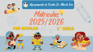 Atribuição de matrícula para o próximo ano escolar na Escola Dr. Alberto Iria, incluindo informações para o pré-escolar e o 1º ciclo de Educação Básica, com foco na inscrição de alunos para 2025/2026.